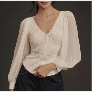 NWT! ANTHROPOLOGIE Sheer Long-Sleeve V-Neck Knit Sweater Ivory Cream Size S